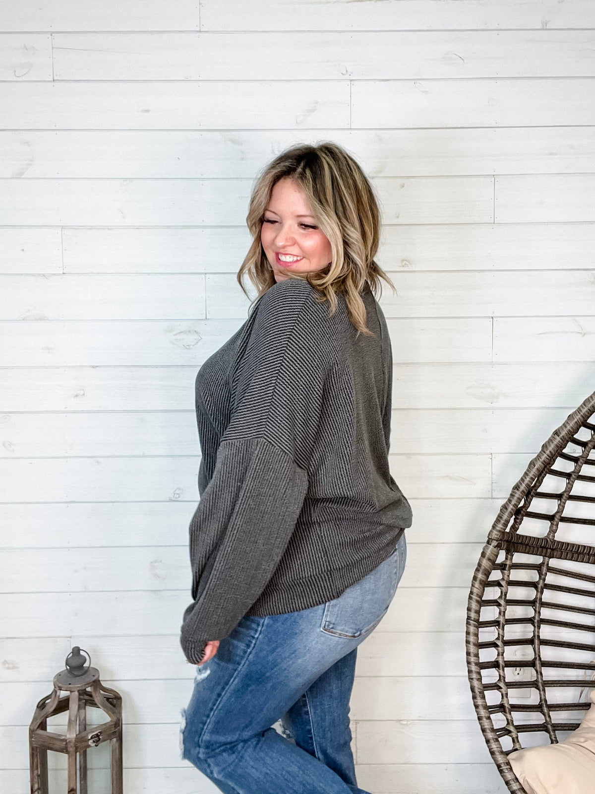 "Looks Like It" Oversized Corded Long Sleeve Pullover-Lola Monroe Boutique