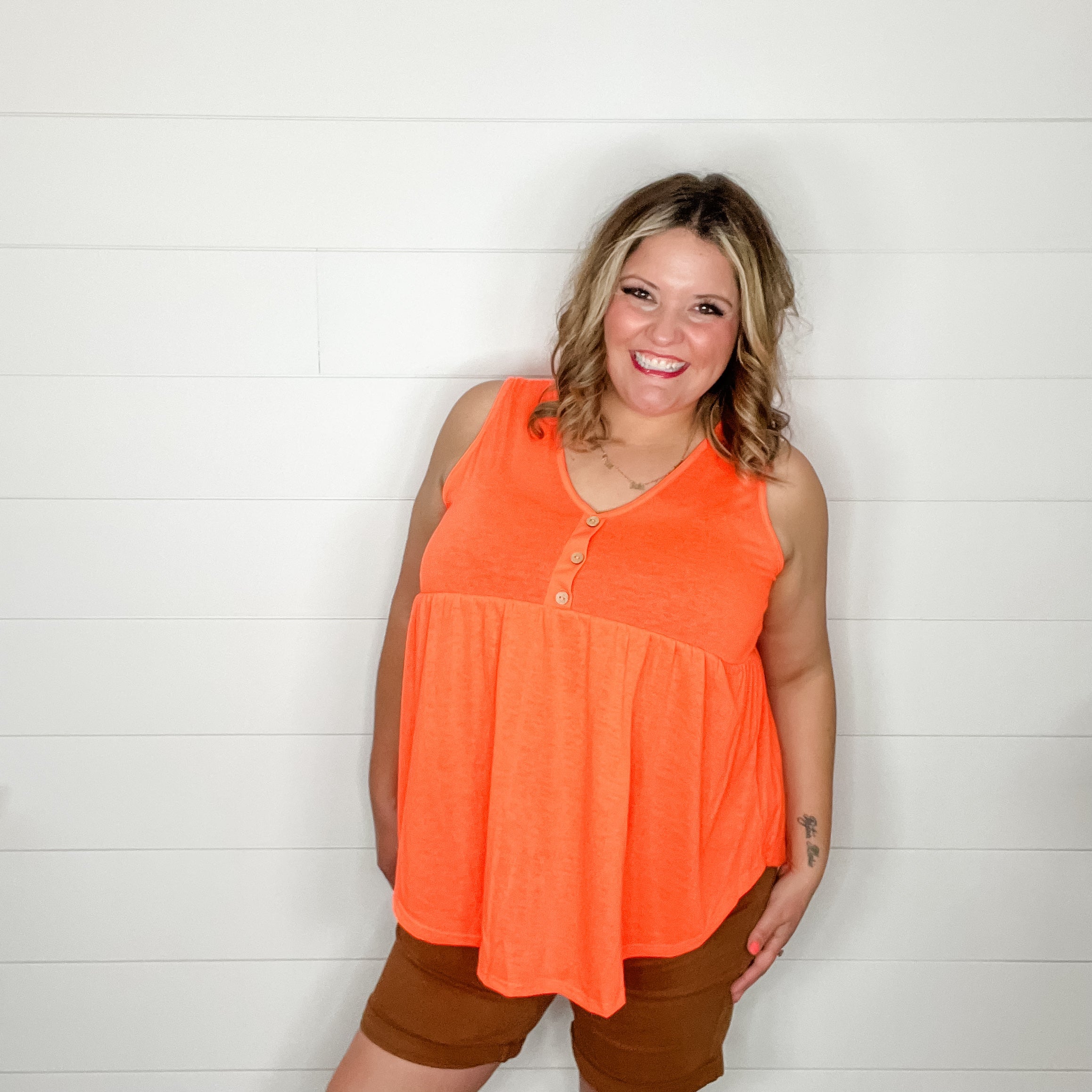 "Lottie" Babydoll V Neck Tank Top (Bright Orange)-Lola Monroe Boutique