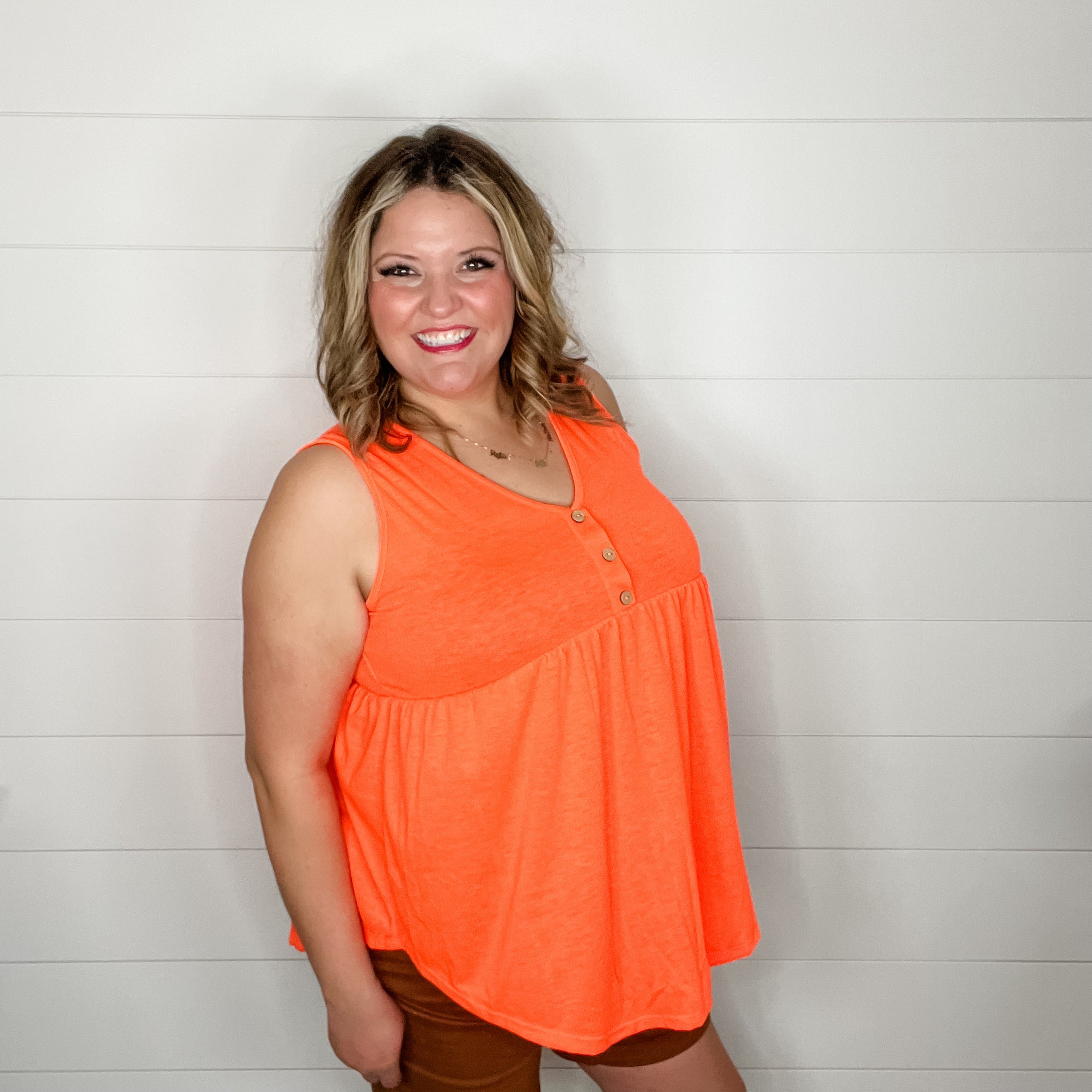 "Lottie" Babydoll V Neck Tank Top (Bright Orange)-Lola Monroe Boutique