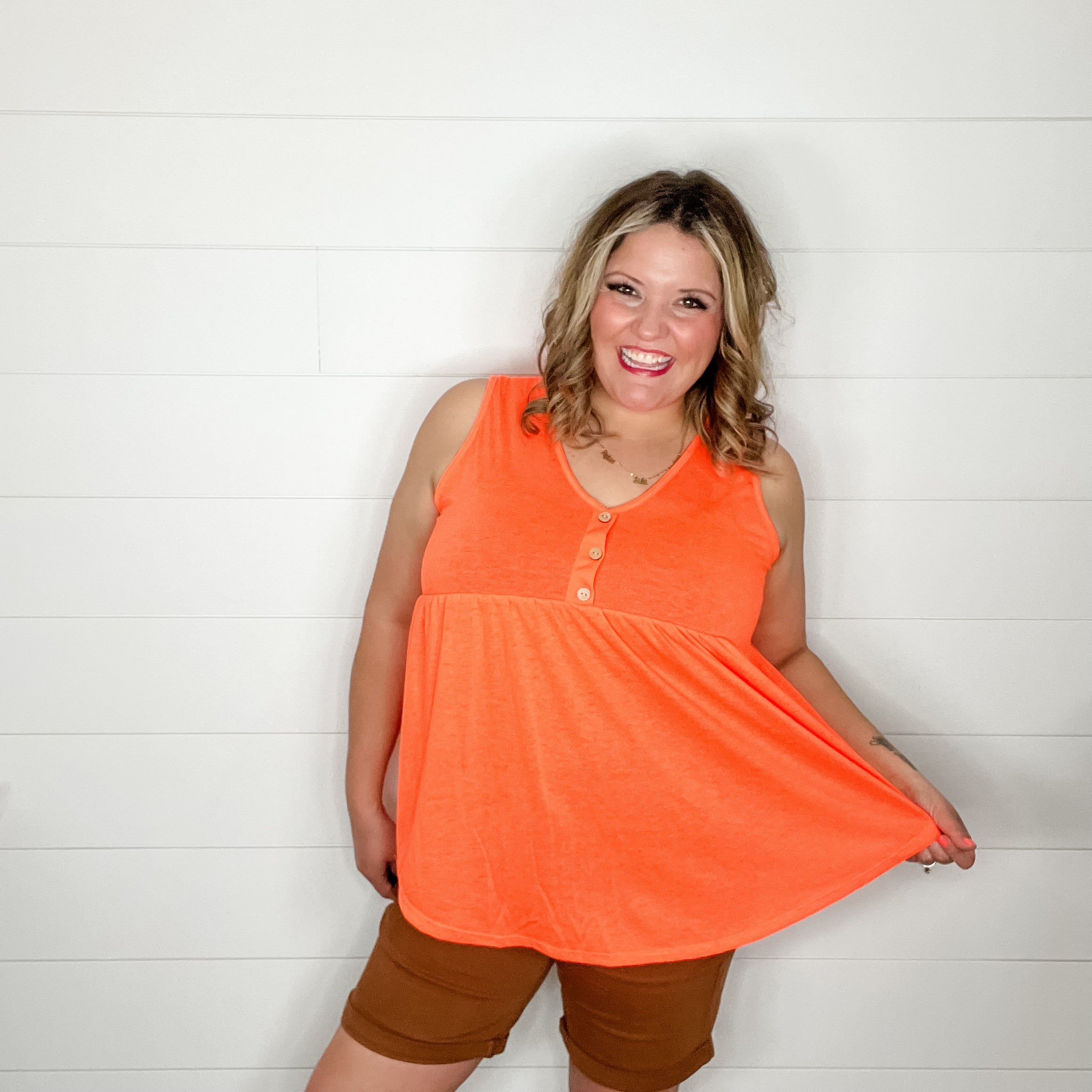 "Lottie" Babydoll V Neck Tank Top (Bright Orange)-Lola Monroe Boutique