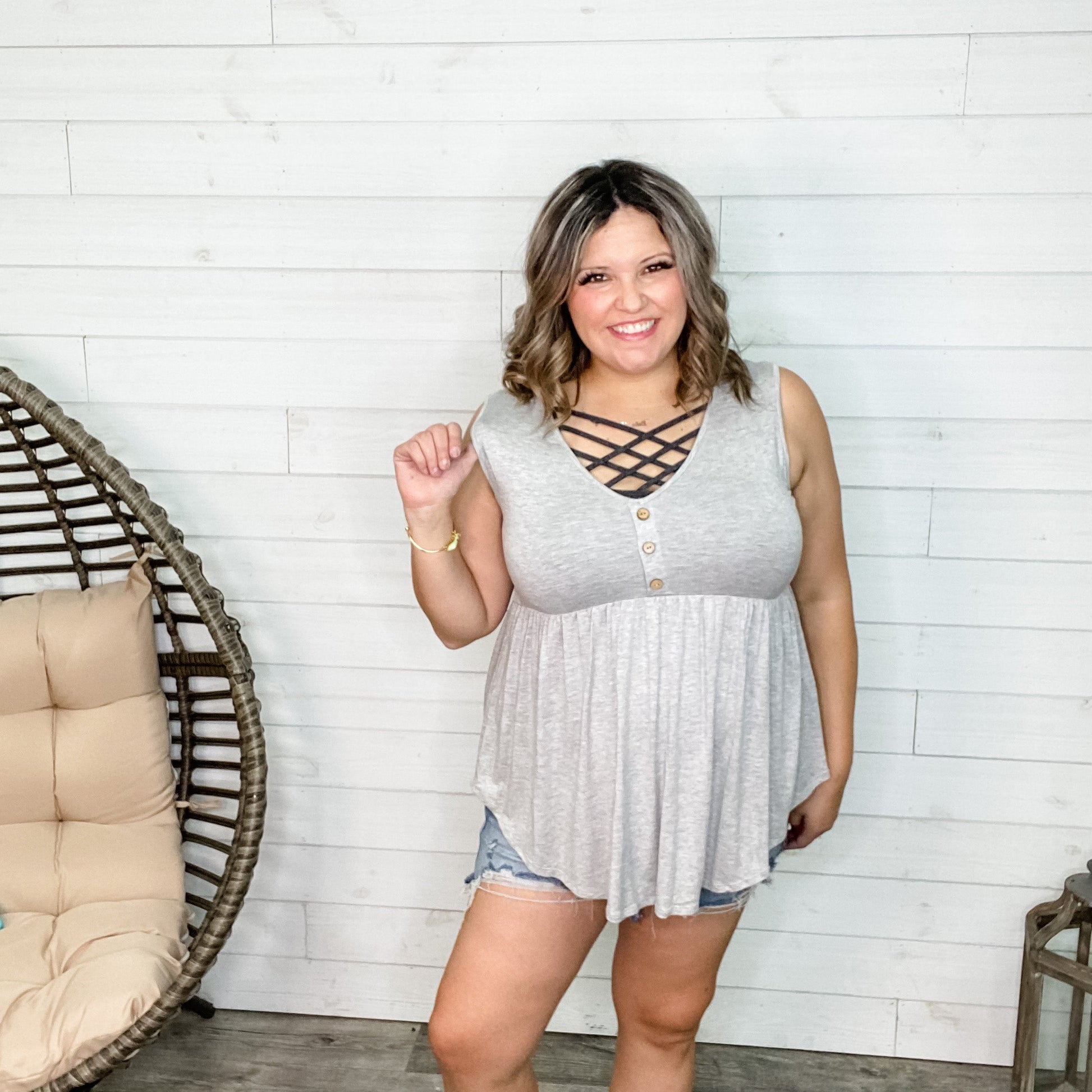 "Lottie" Babydoll V Neck Tank Top (Neon Orange and Grey)