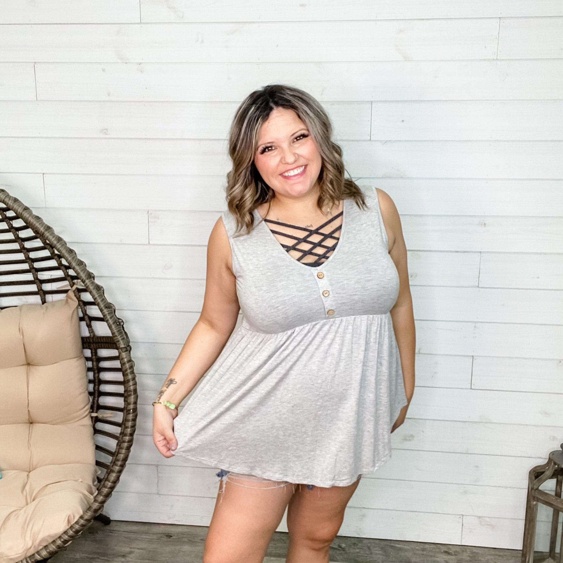 "Lottie" Babydoll V Neck Tank Top (Neon Orange and Grey)