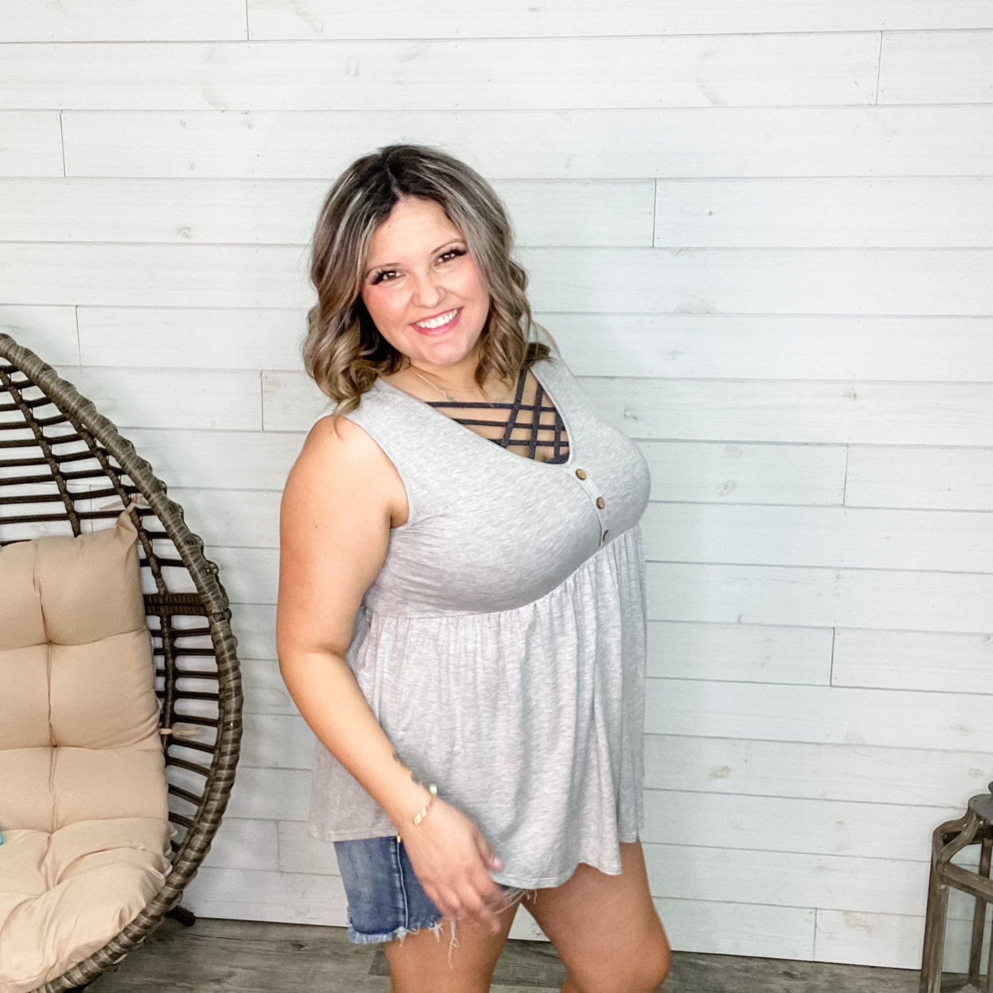 "Lottie" Babydoll V Neck Tank Top (Neon Orange and Grey)