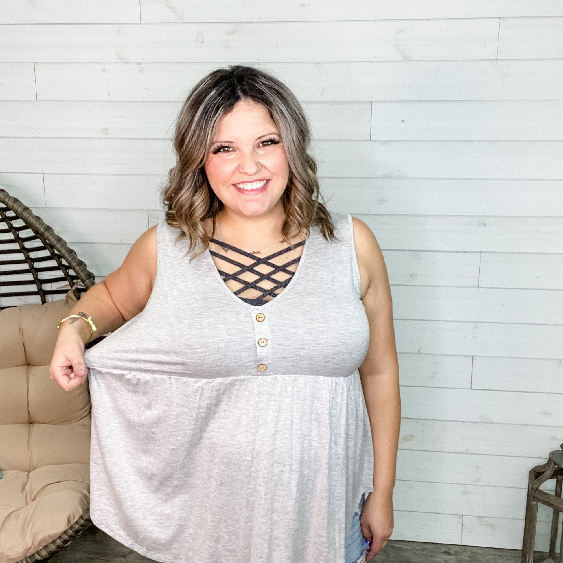 "Lottie" Babydoll V Neck Tank Top (Neon Orange and Grey)