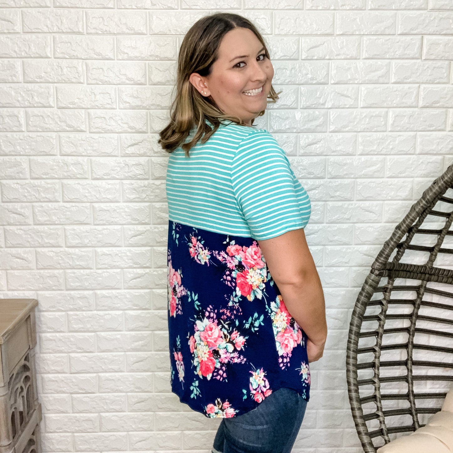 "Louise" Floral & Stripes Short Sleeve