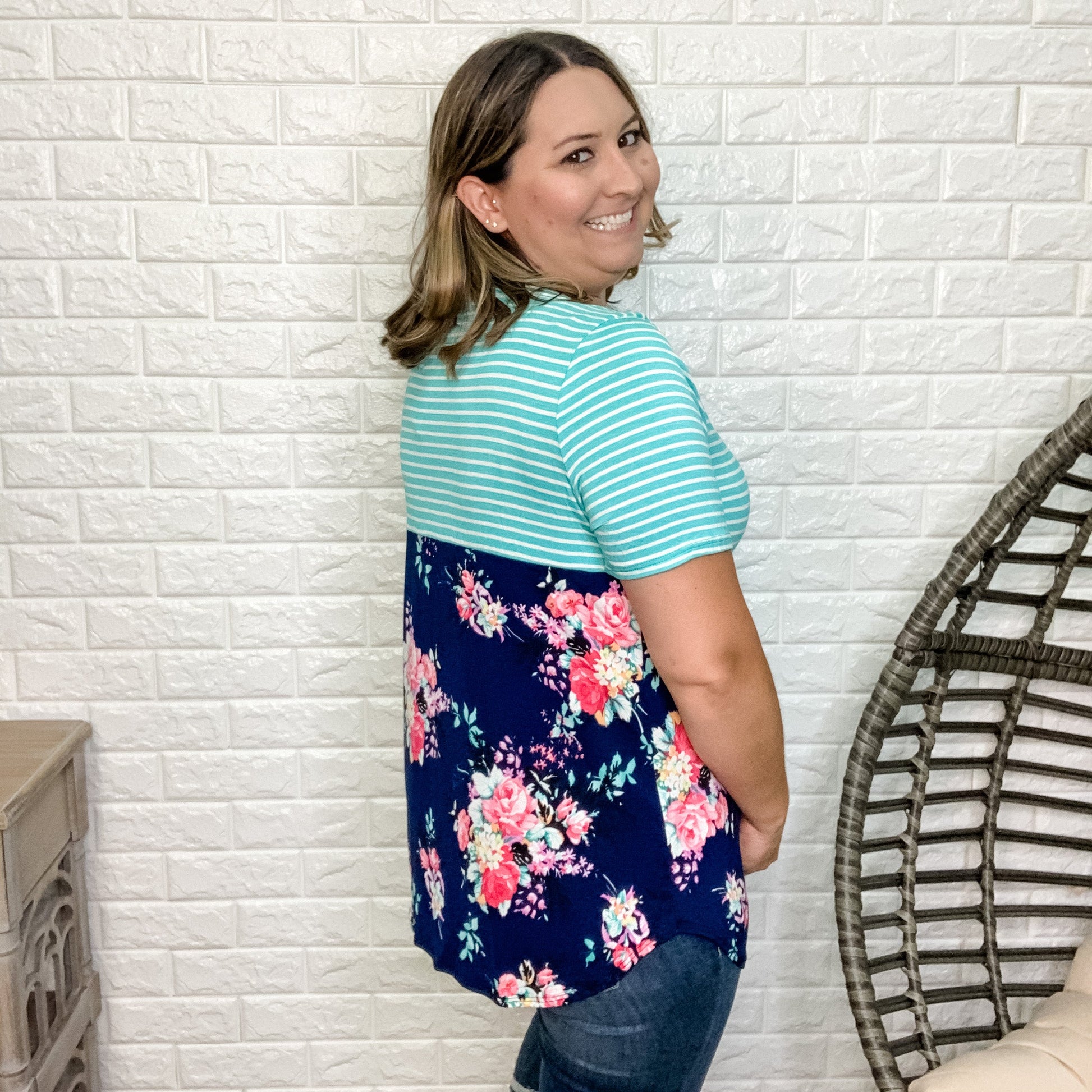 "Louise" Floral & Stripes Short Sleeve