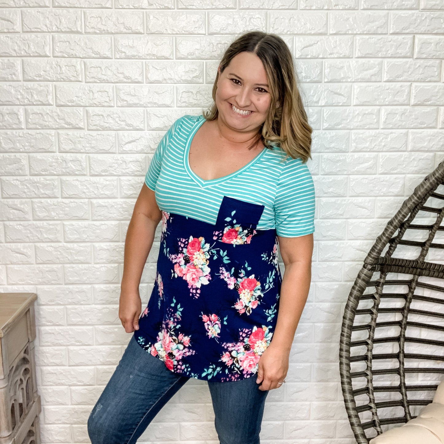 "Louise" Floral & Stripes Short Sleeve