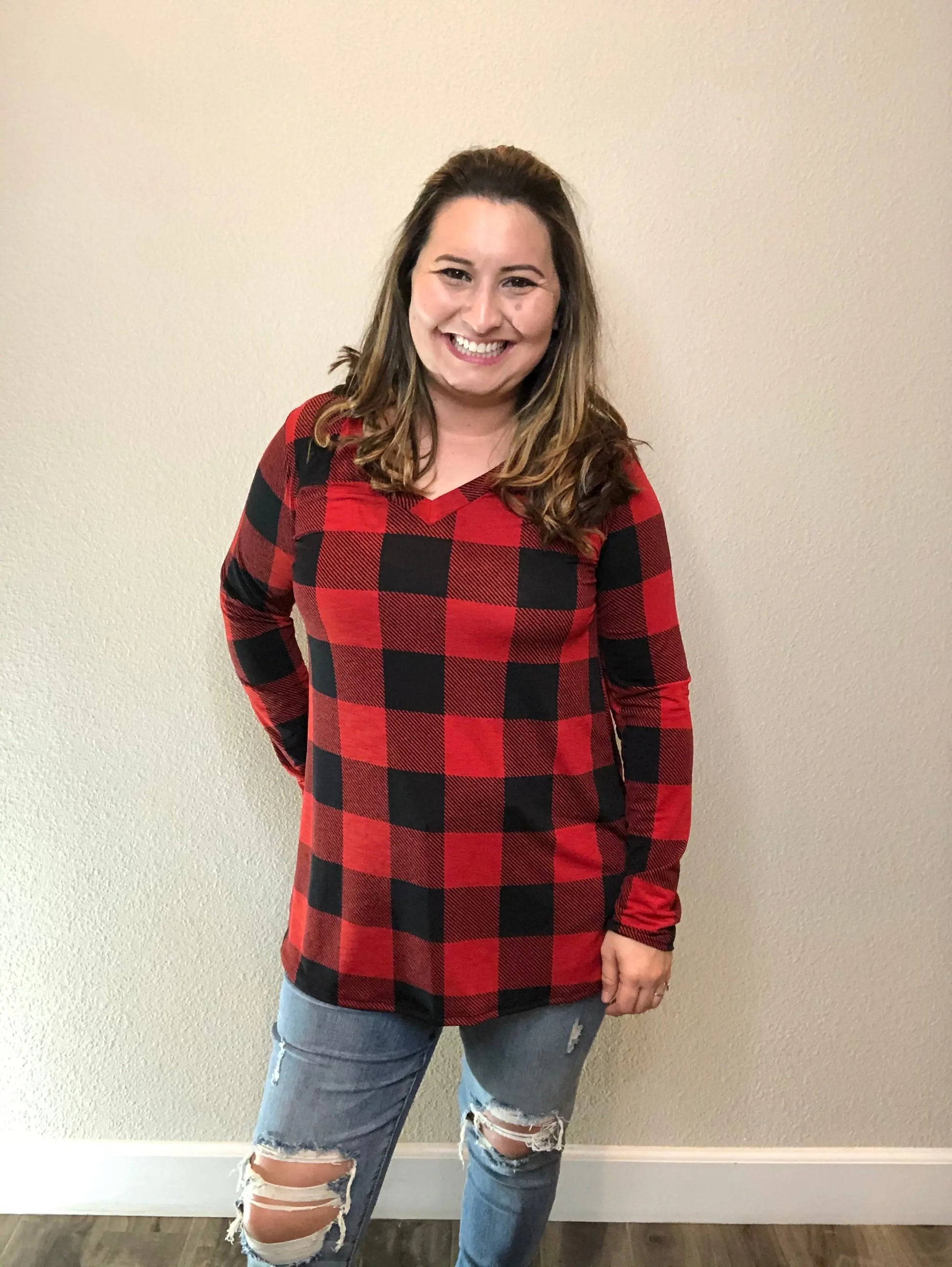"Mad For Plaid" (Black & Red) Long Sleeve V-Neck