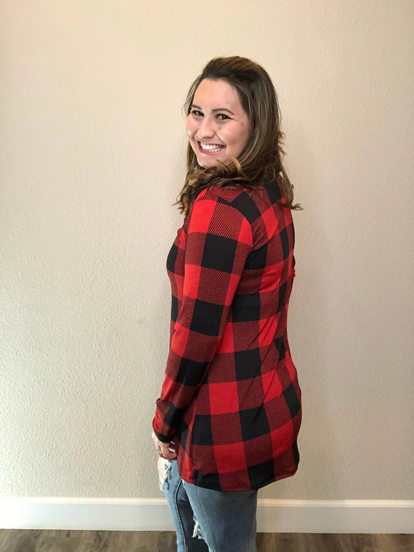 "Mad For Plaid" (Black & Red) Long Sleeve V-Neck