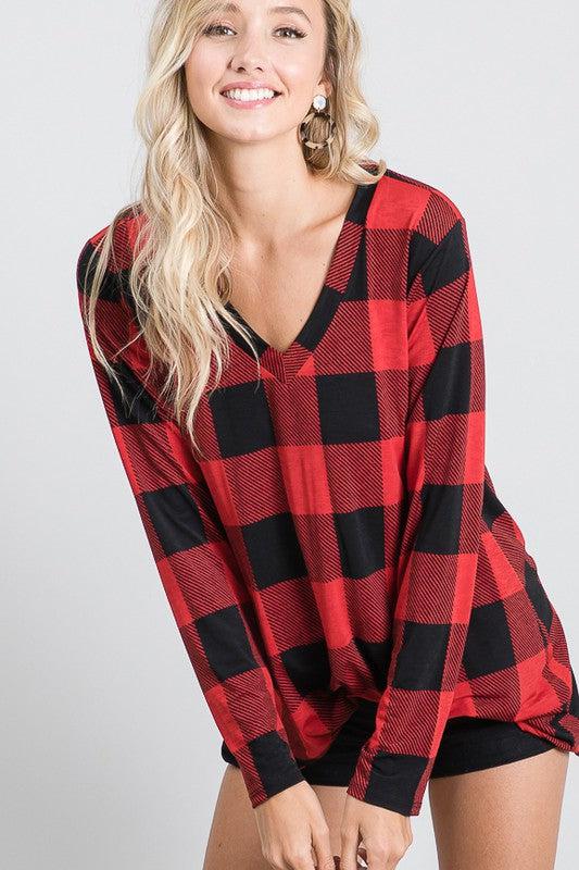 "Mad For Plaid" (Black & Red) Long Sleeve V-Neck-Lola Monroe Boutique