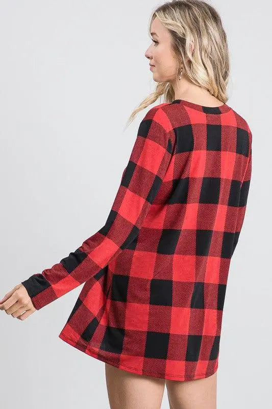 "Mad For Plaid" (Black & Red) Long Sleeve V-Neck