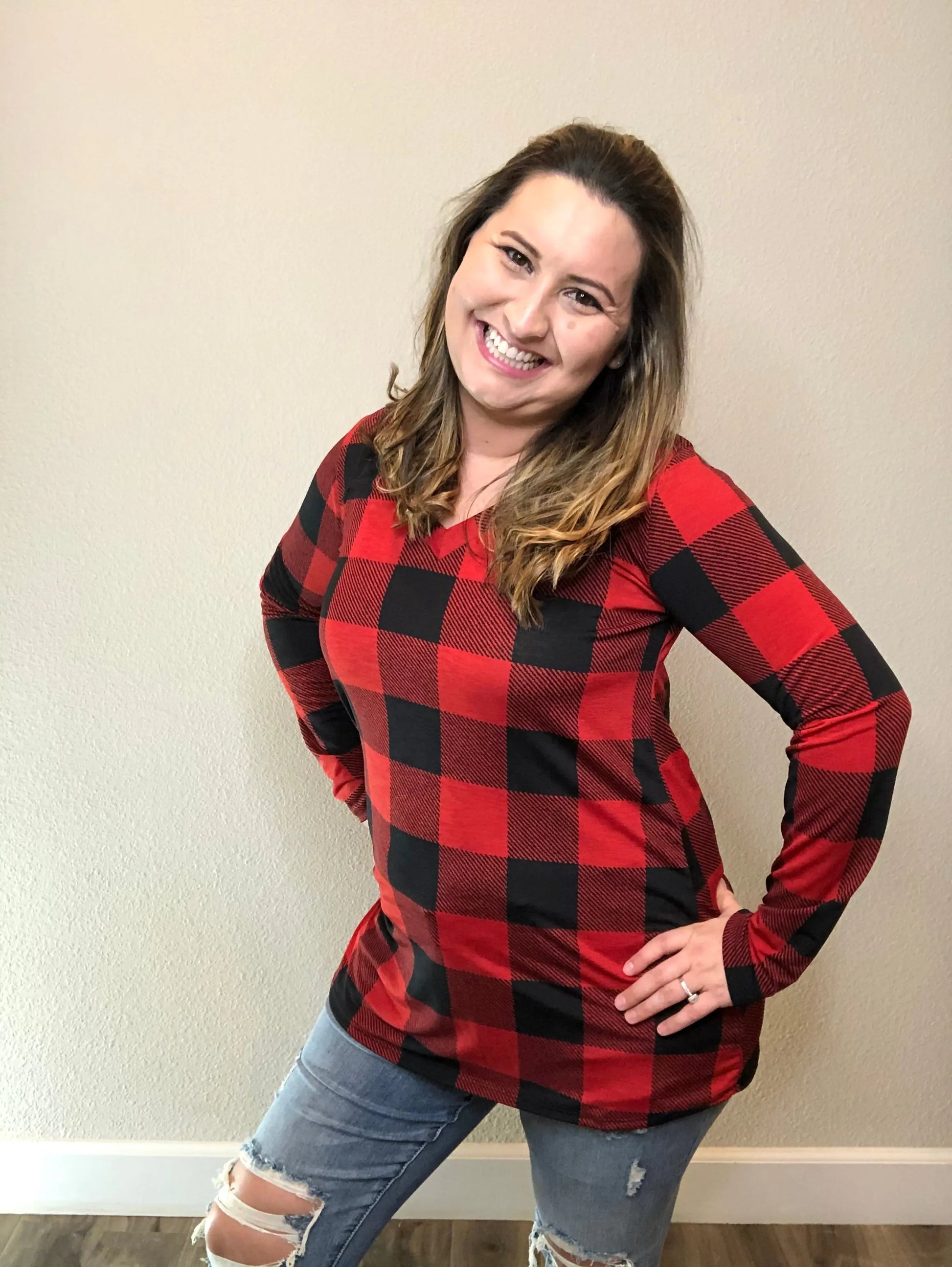 "Mad For Plaid" (Black & Red) Long Sleeve V-Neck