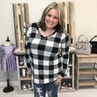 "Mad For Plaid" (Black & White) Long Sleeve V-Neck-Lola Monroe Boutique