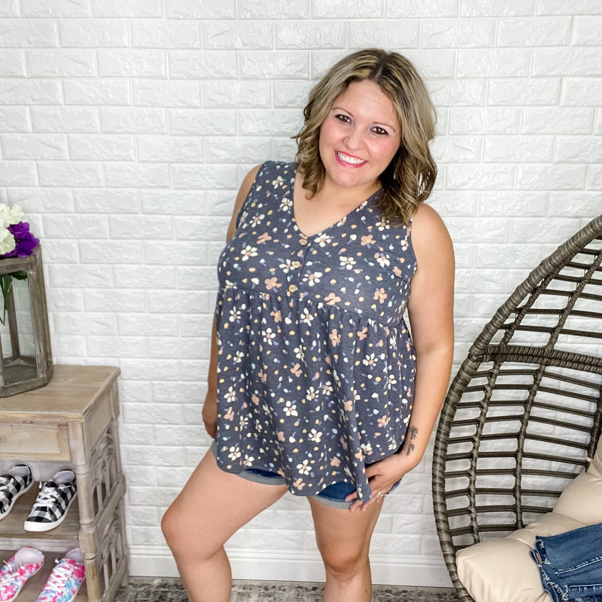 "Mae" Floral Babydoll Tank Button Front Detail