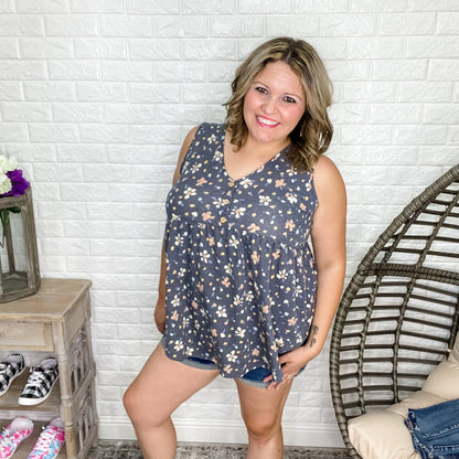 "Mae" Floral Babydoll Tank Button Front Detail