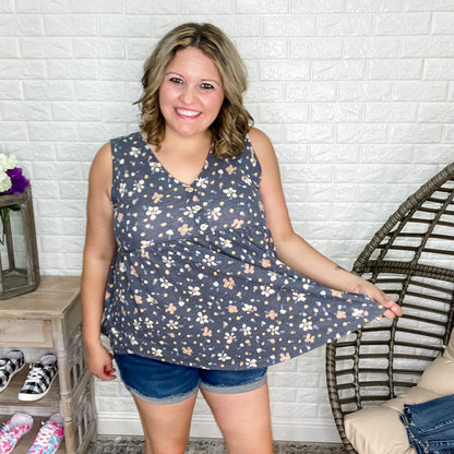 "Mae" Floral Babydoll Tank Button Front Detail