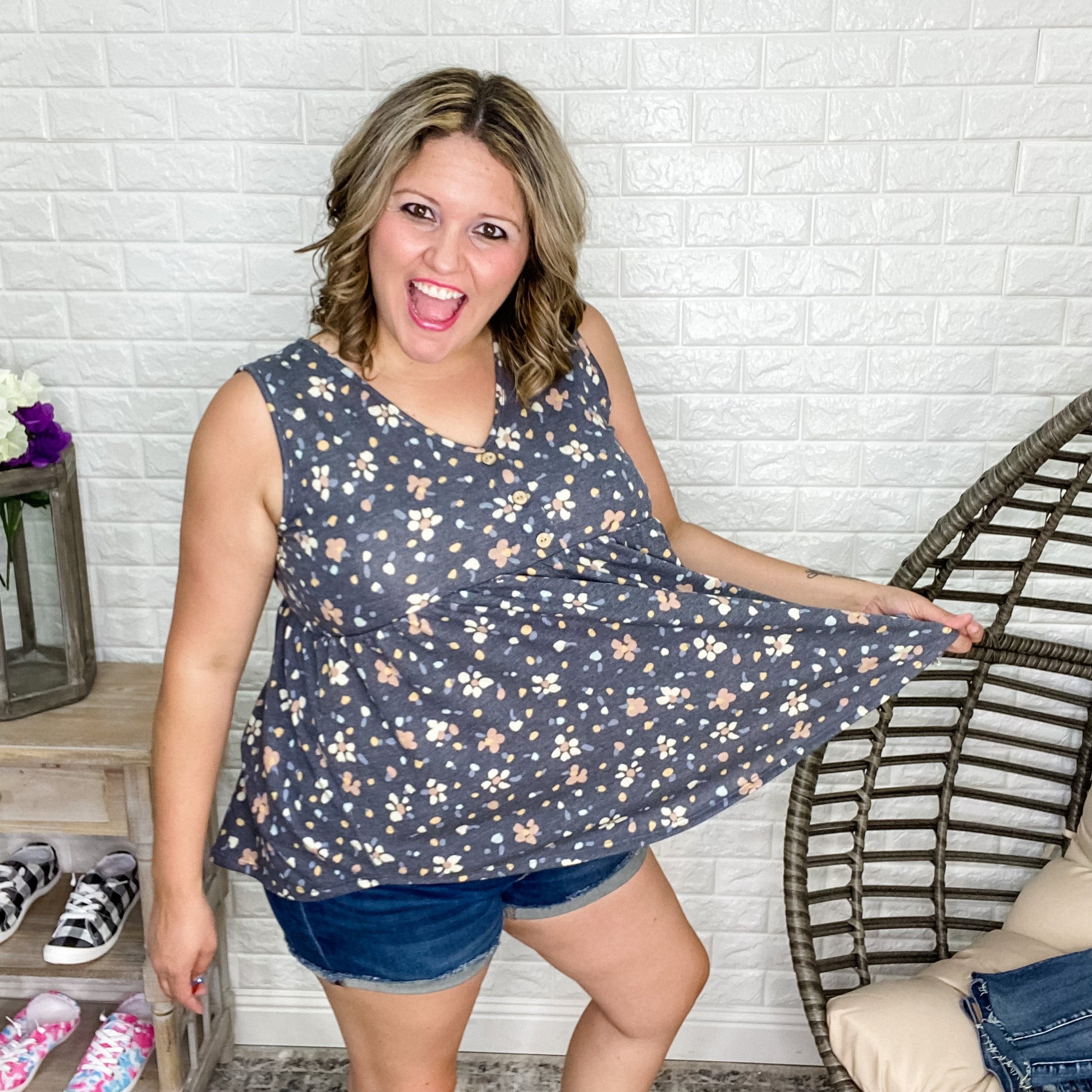 "Mae" Floral Babydoll Tank Button Front Detail