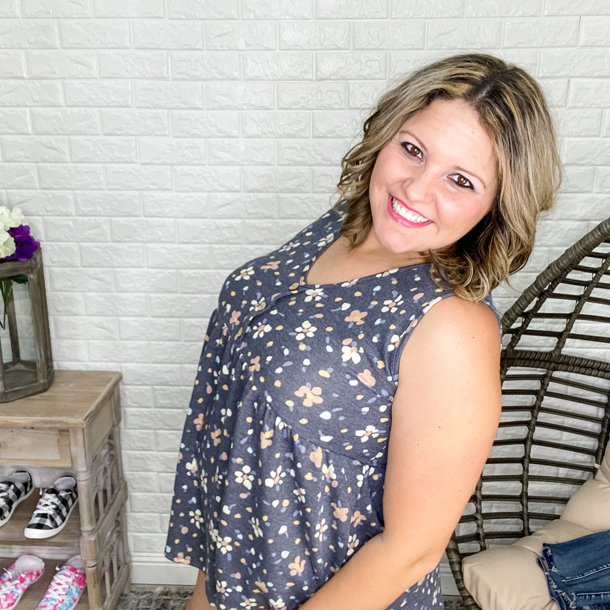"Mae" Floral Babydoll Tank Button Front Detail