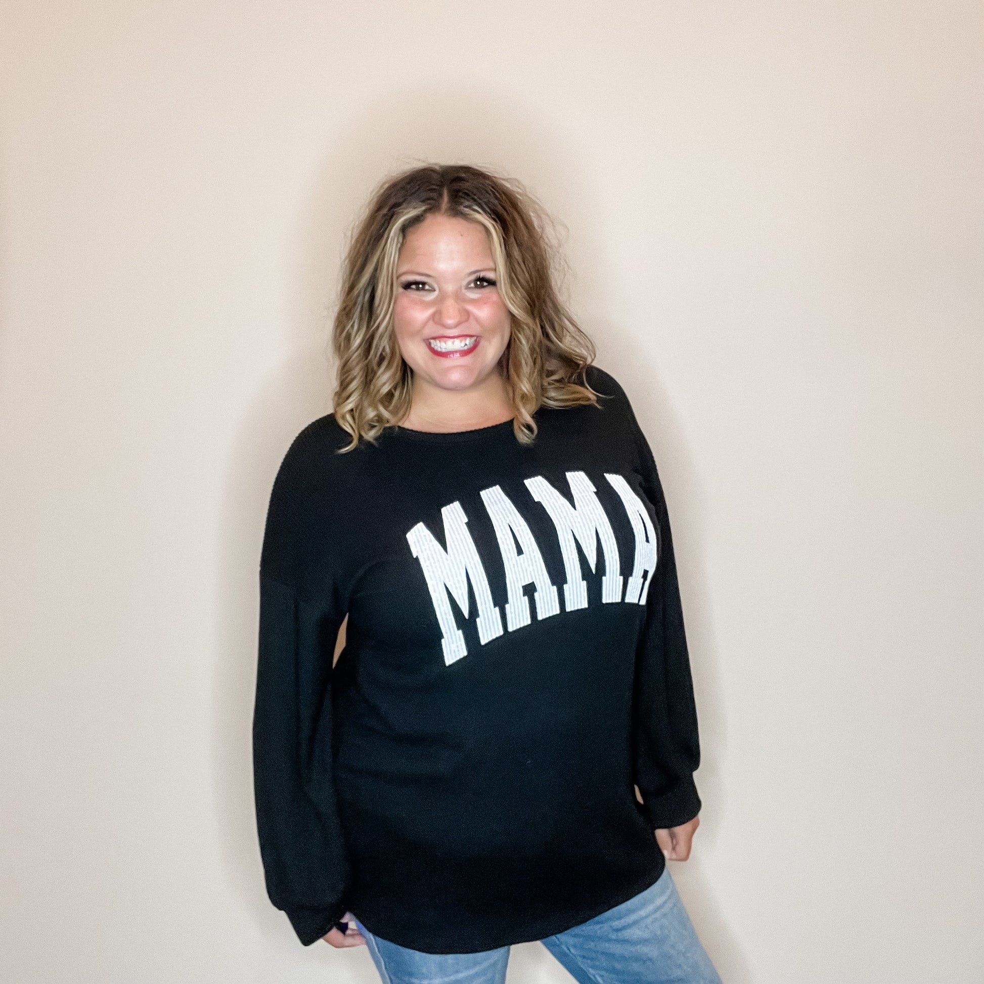 "Mama" Corded Long Sleeve Top (Multiple Colors)
