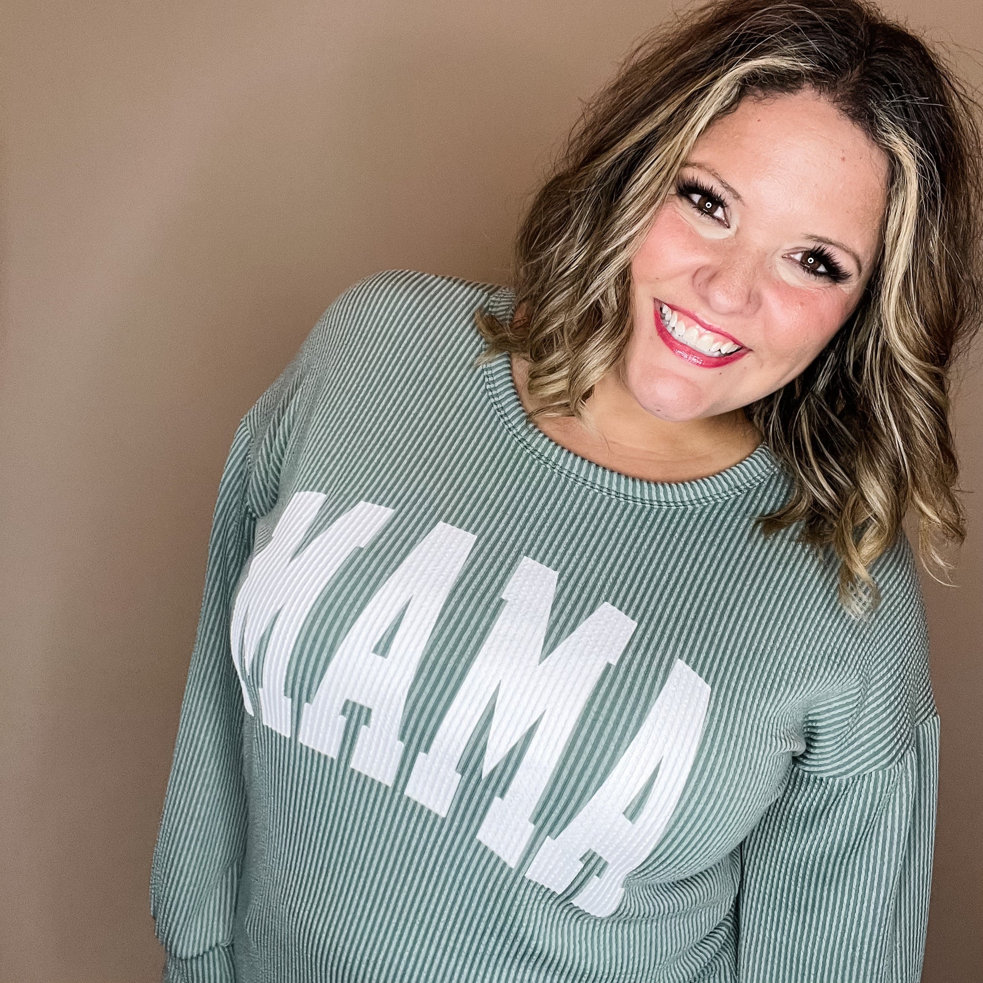 "Mama" Corded Long Sleeve Top (Multiple Colors)