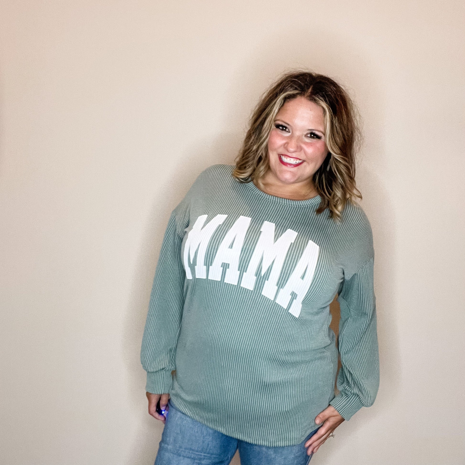 "Mama" Corded Long Sleeve Top (Multiple Colors)
