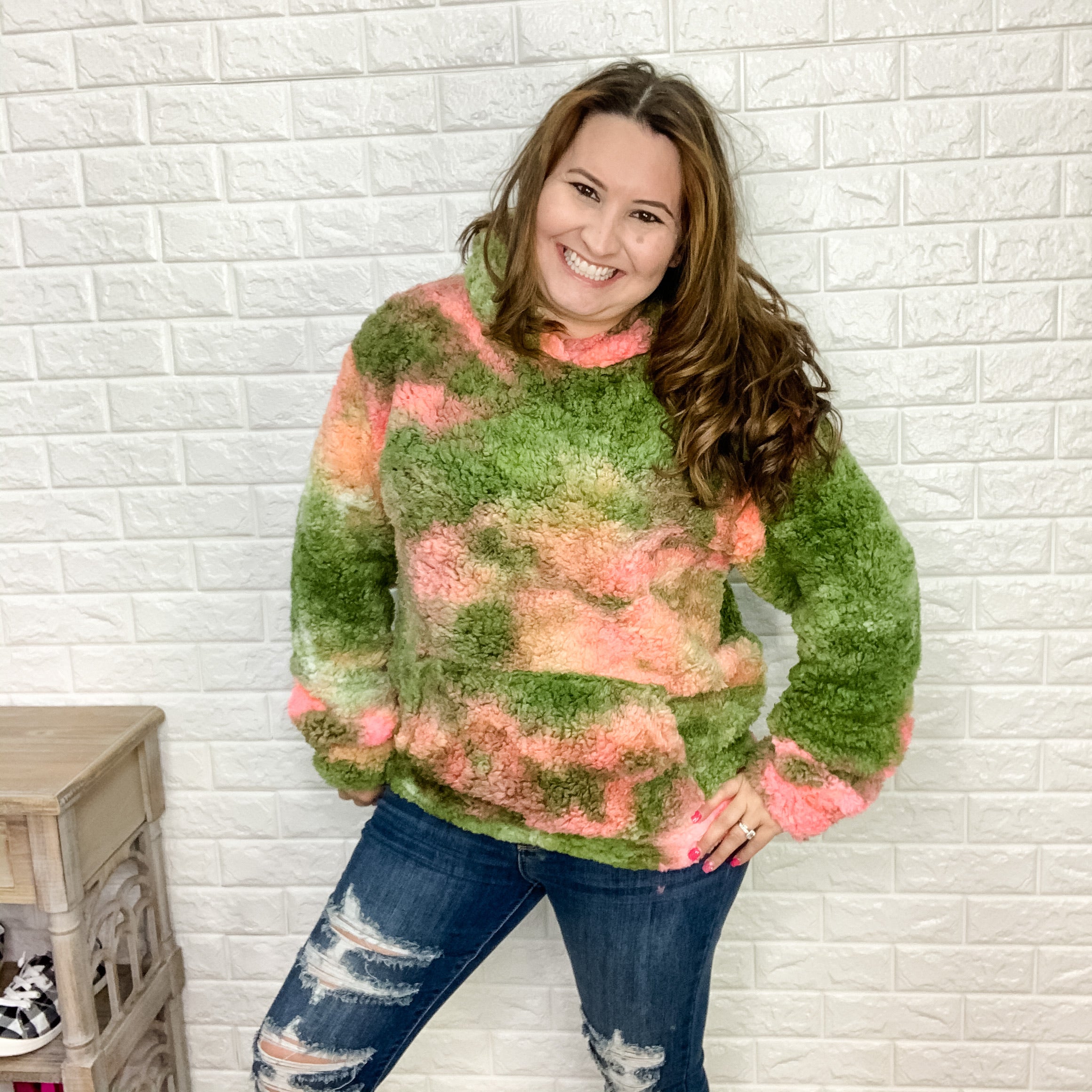 "Mama LLama" Tie Dye Sherpa Hoodie (Olive & Pink)-Lola Monroe Boutique