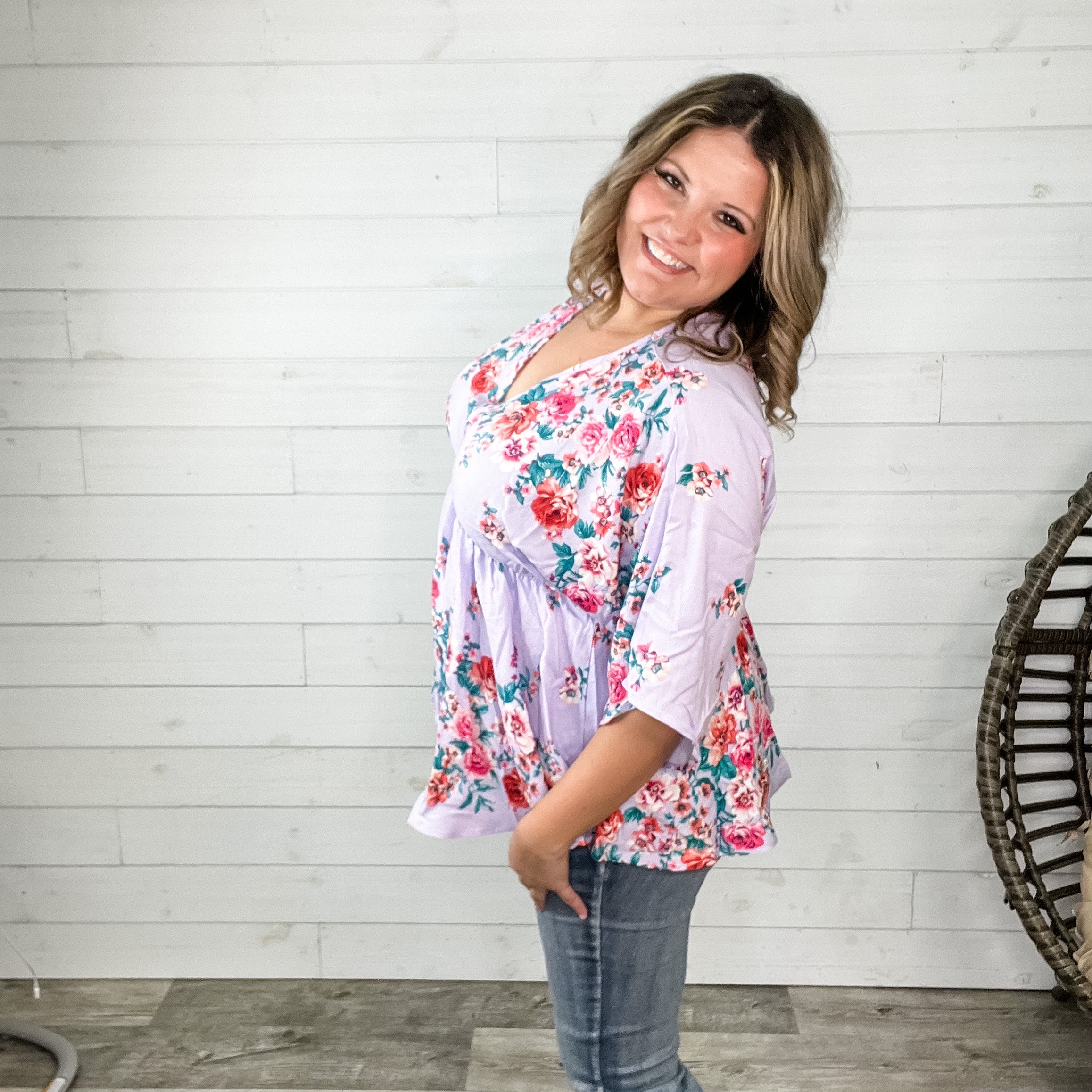 "Mandie" Floral 3/4 Sleeve V Neck Peplum-Lola Monroe Boutique