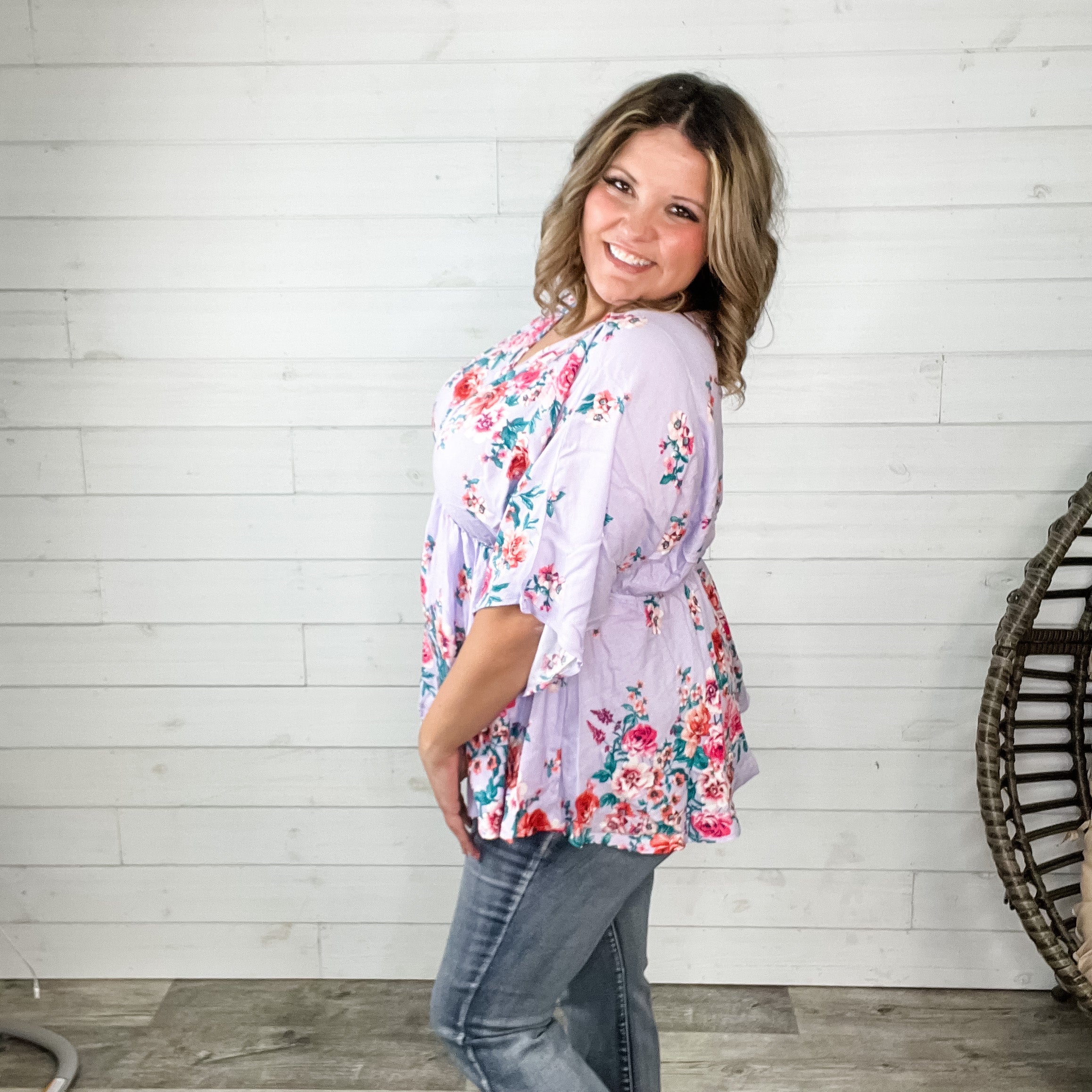 "Mandie" Floral 3/4 Sleeve V Neck Peplum-Lola Monroe Boutique