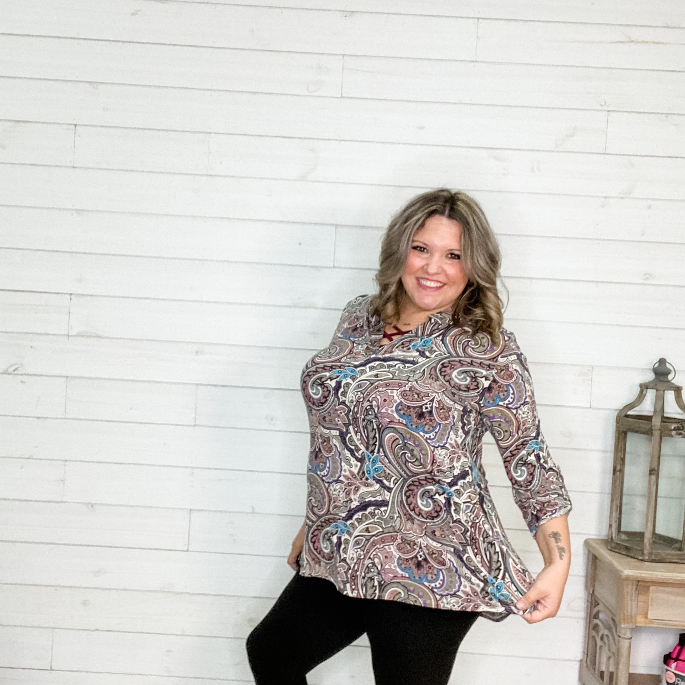 "Maria" Paisley Lizzy 3/4 Sleeve Split Neck-Lola Monroe Boutique