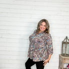 "Maria" Paisley Lizzy 3/4 Sleeve Split Neck-Lola Monroe Boutique