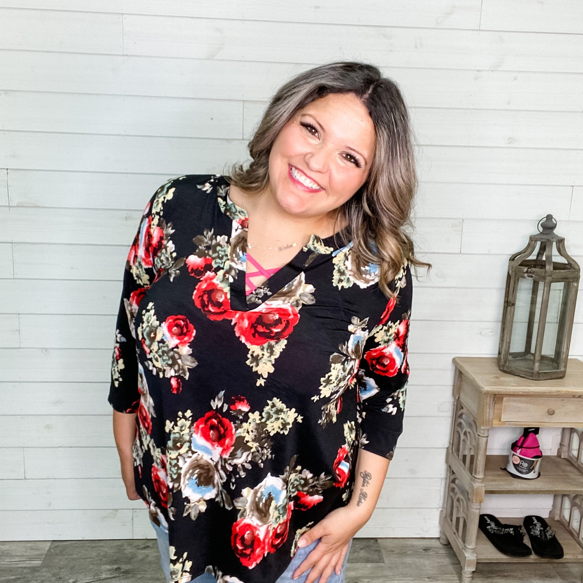 "Marla" Floral 3/4 Sleeve Split Neck