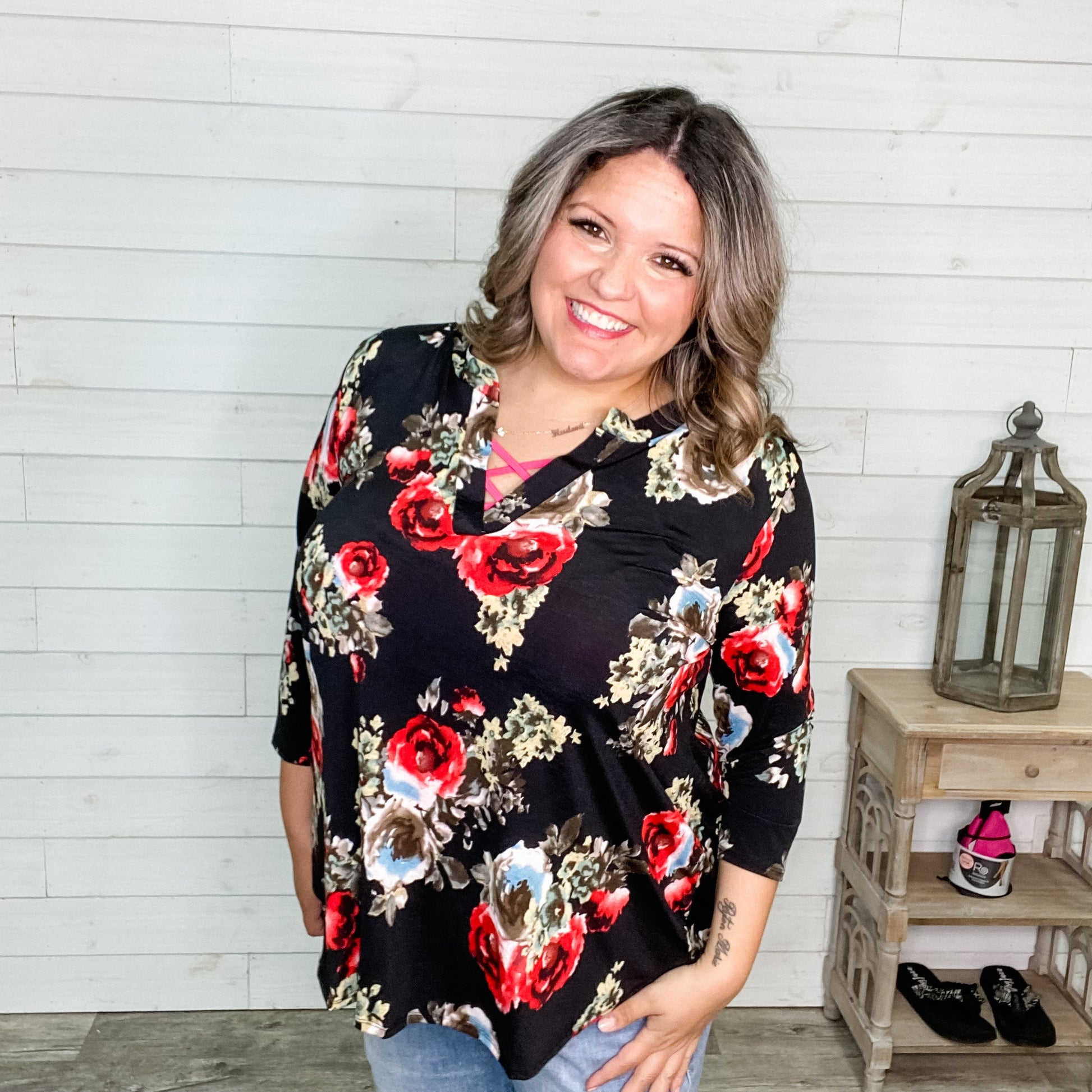 "Marla" Floral 3/4 Sleeve Split Neck