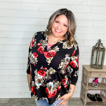 "Marla" Floral 3/4 Sleeve Split Neck