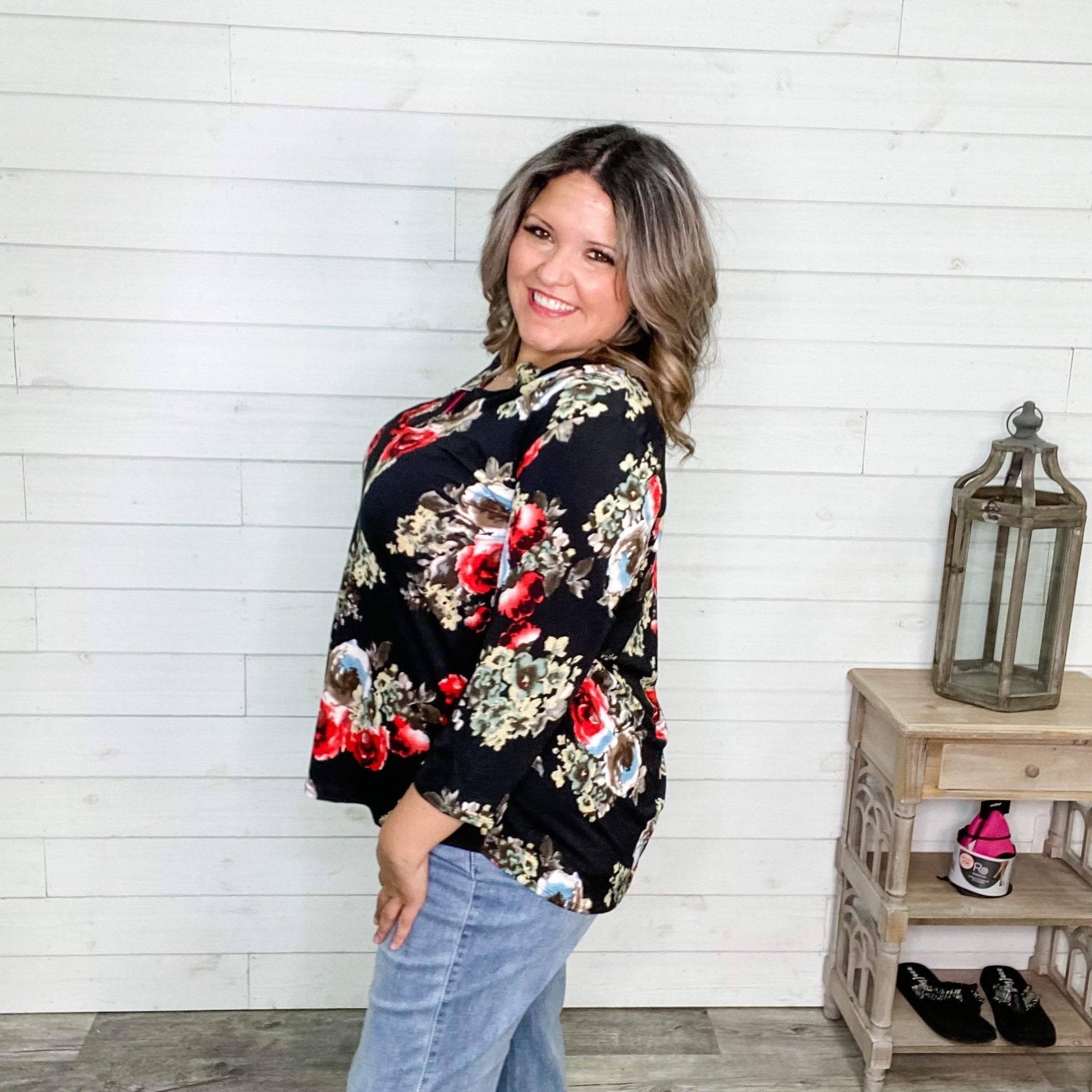 "Marla" Floral 3/4 Sleeve Split Neck
