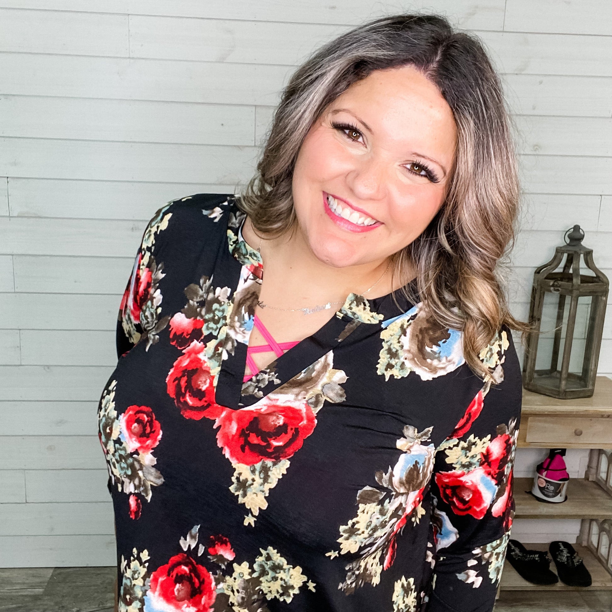 "Marla" Floral 3/4 Sleeve Split Neck