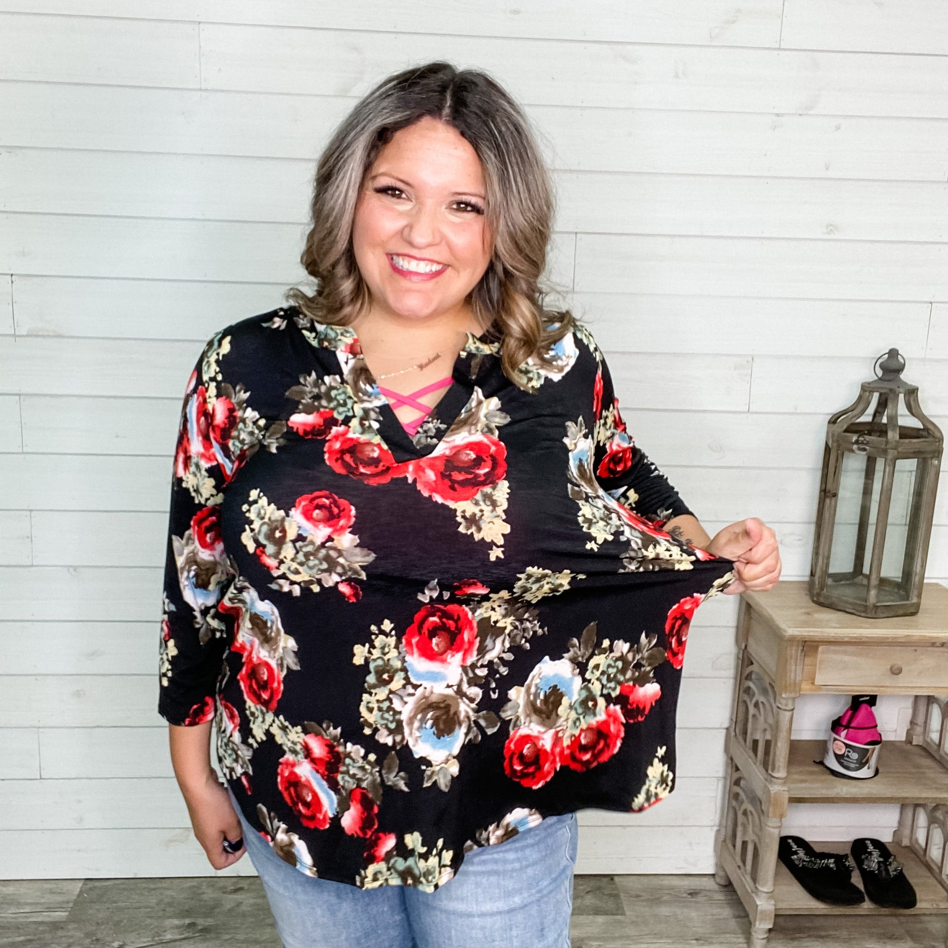 "Marla" Floral 3/4 Sleeve Split Neck