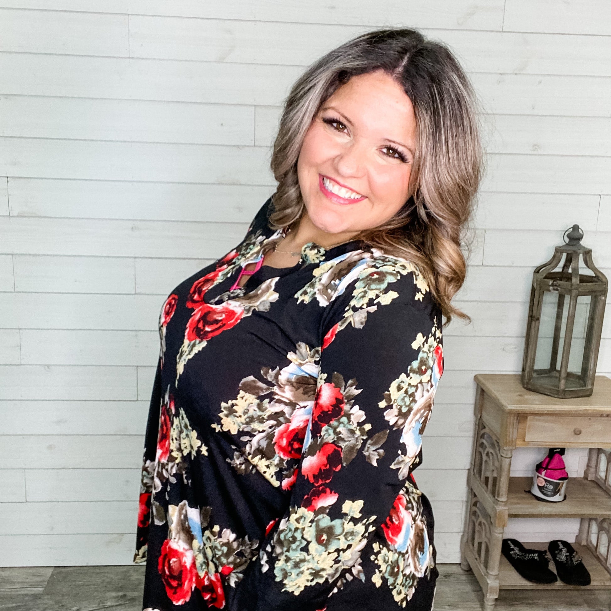 "Marla" Floral 3/4 Sleeve Split Neck
