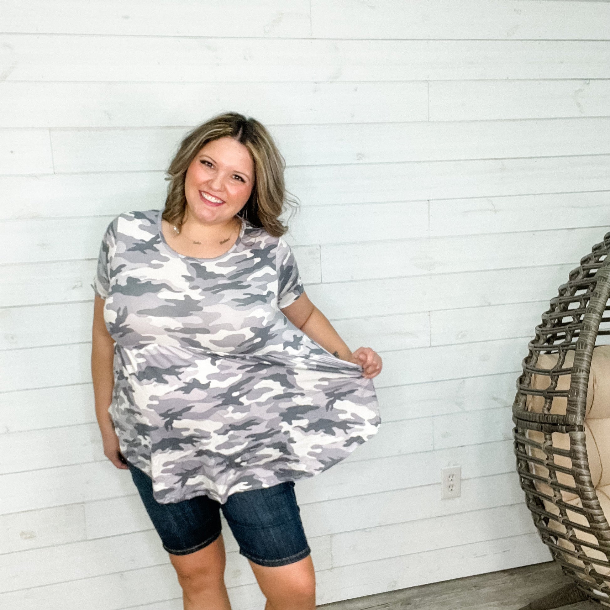 "Marlena" Short Sleeve Camo Hi-Low Babydoll