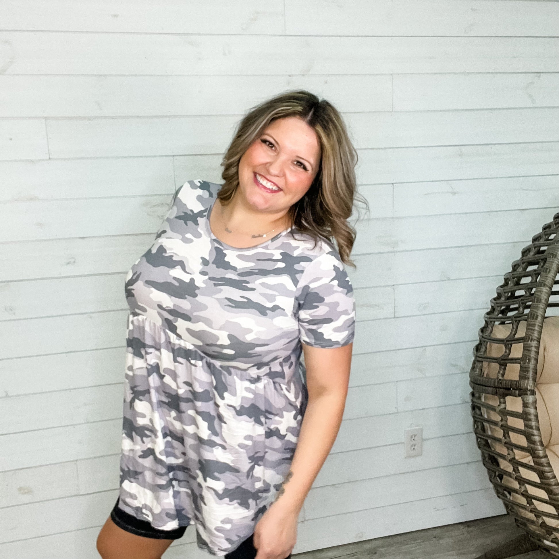 "Marlena" Short Sleeve Camo Hi-Low Babydoll