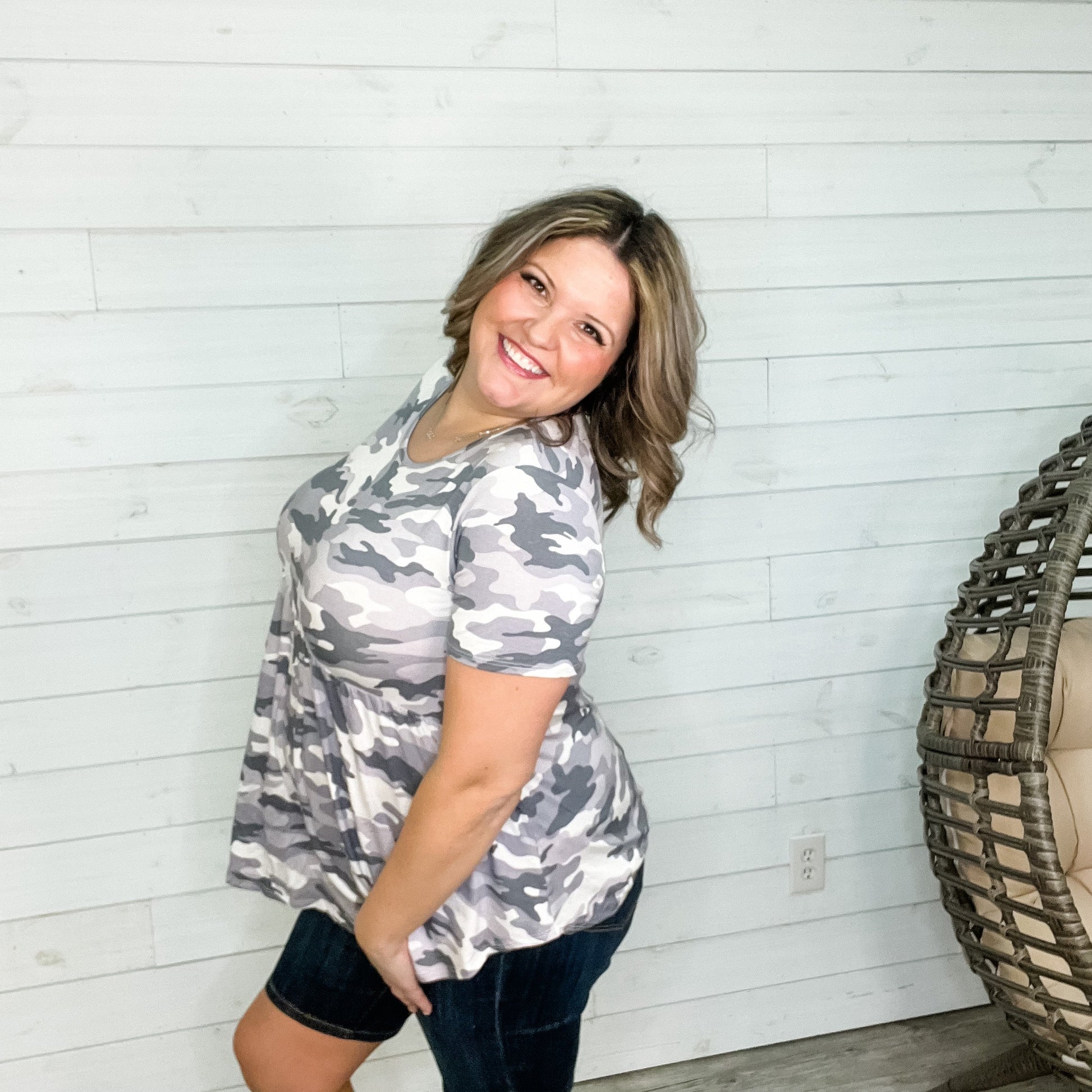 "Marlena" Short Sleeve Camo Hi-Low Babydoll