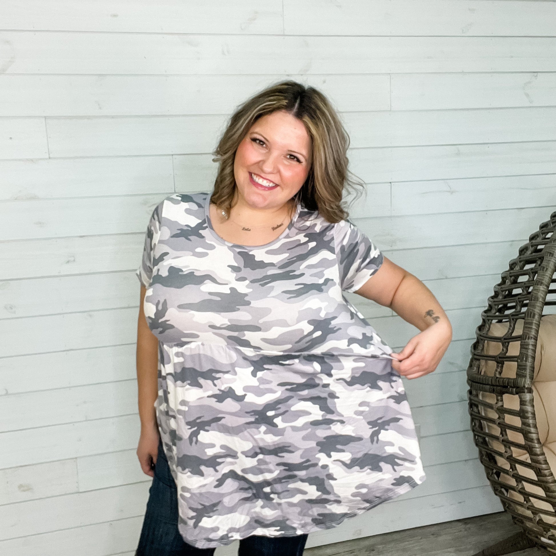 "Marlena" Short Sleeve Camo Hi-Low Babydoll