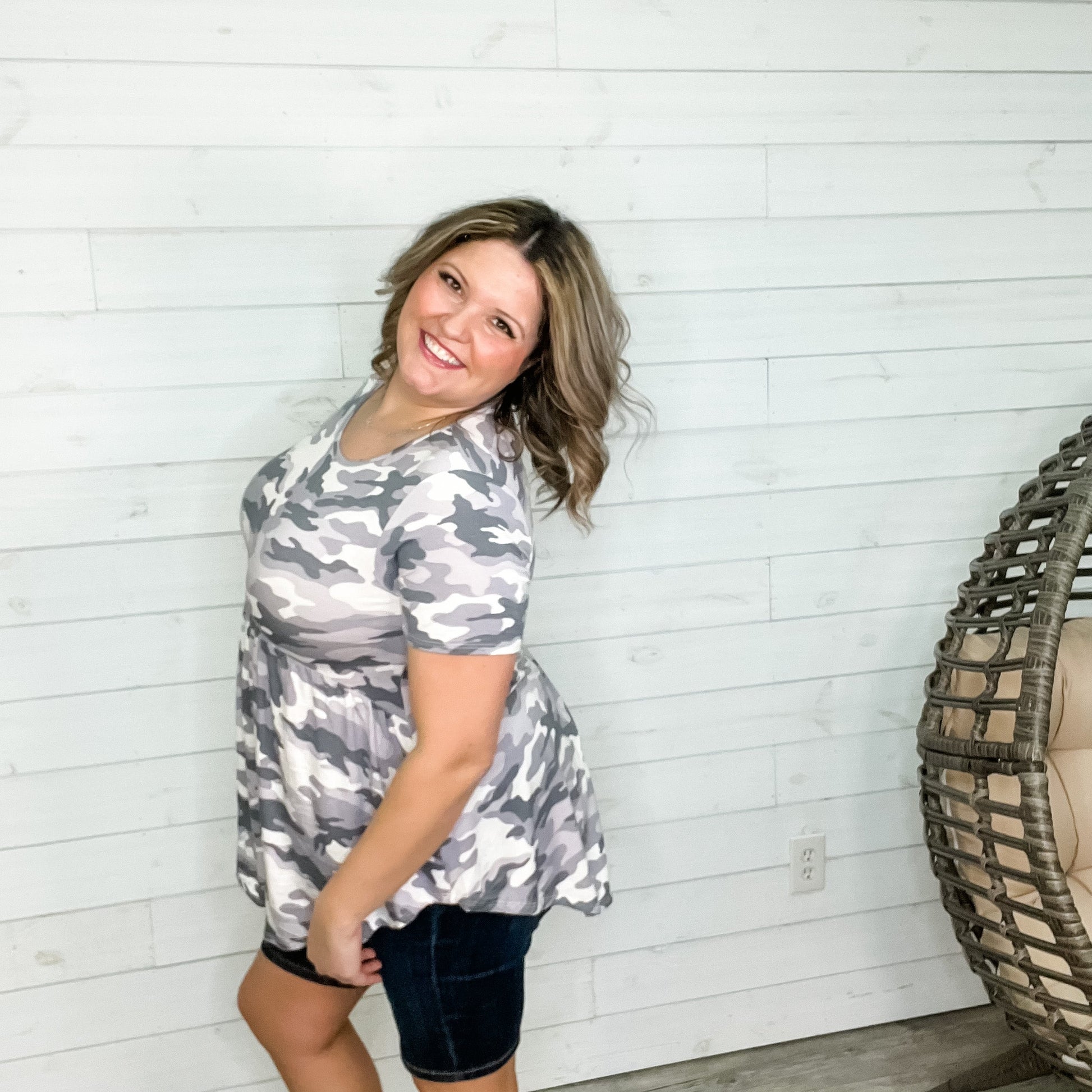 "Marlena" Short Sleeve Camo Hi-Low Babydoll