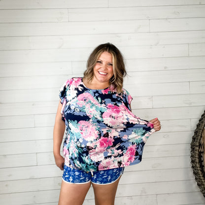 "Mastermind" Floral Round Neck Ruffle Cap Sleeve (Navy)