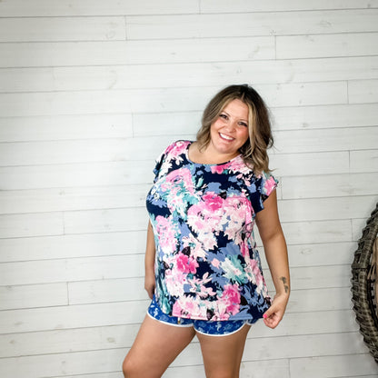 "Mastermind" Floral Round Neck Ruffle Cap Sleeve (Navy)