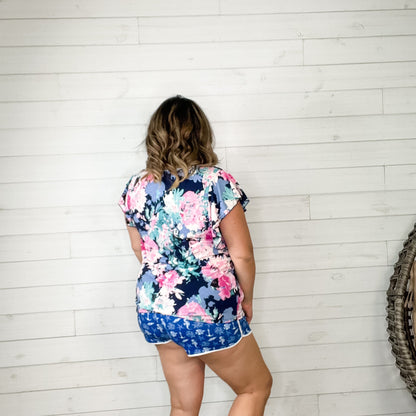 "Mastermind" Floral Round Neck Ruffle Cap Sleeve (Navy)