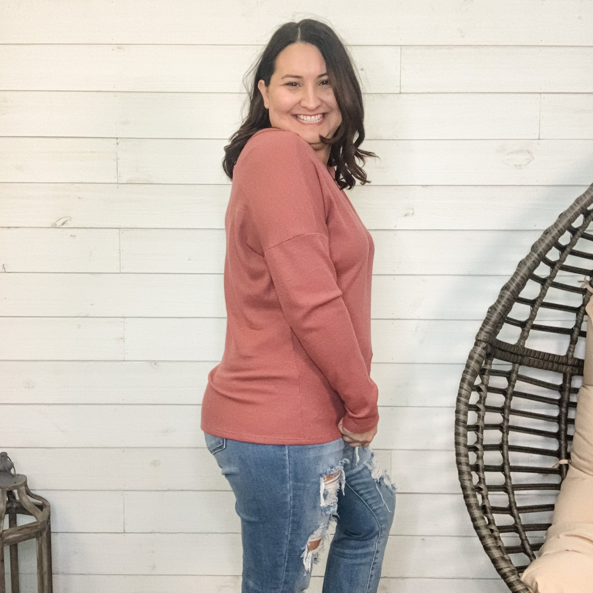 "Maude" Waffle Texture Long Sleeve V Neck