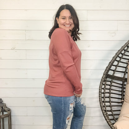 "Maude" Waffle Texture Long Sleeve V Neck