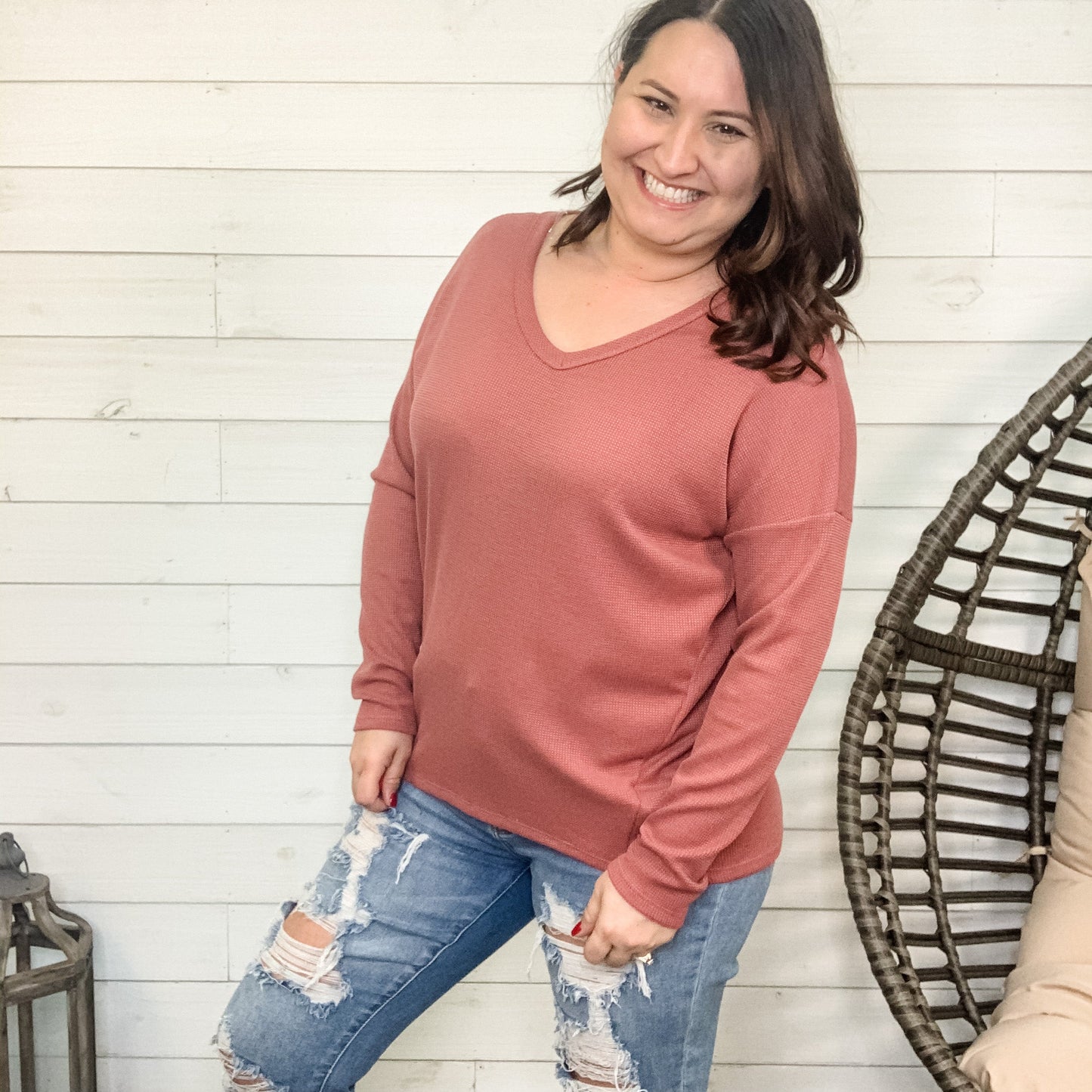"Maude" Waffle Texture Long Sleeve V Neck