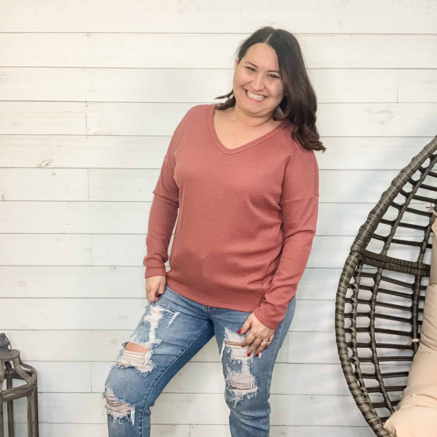 "Maude" Waffle Texture Long Sleeve V Neck