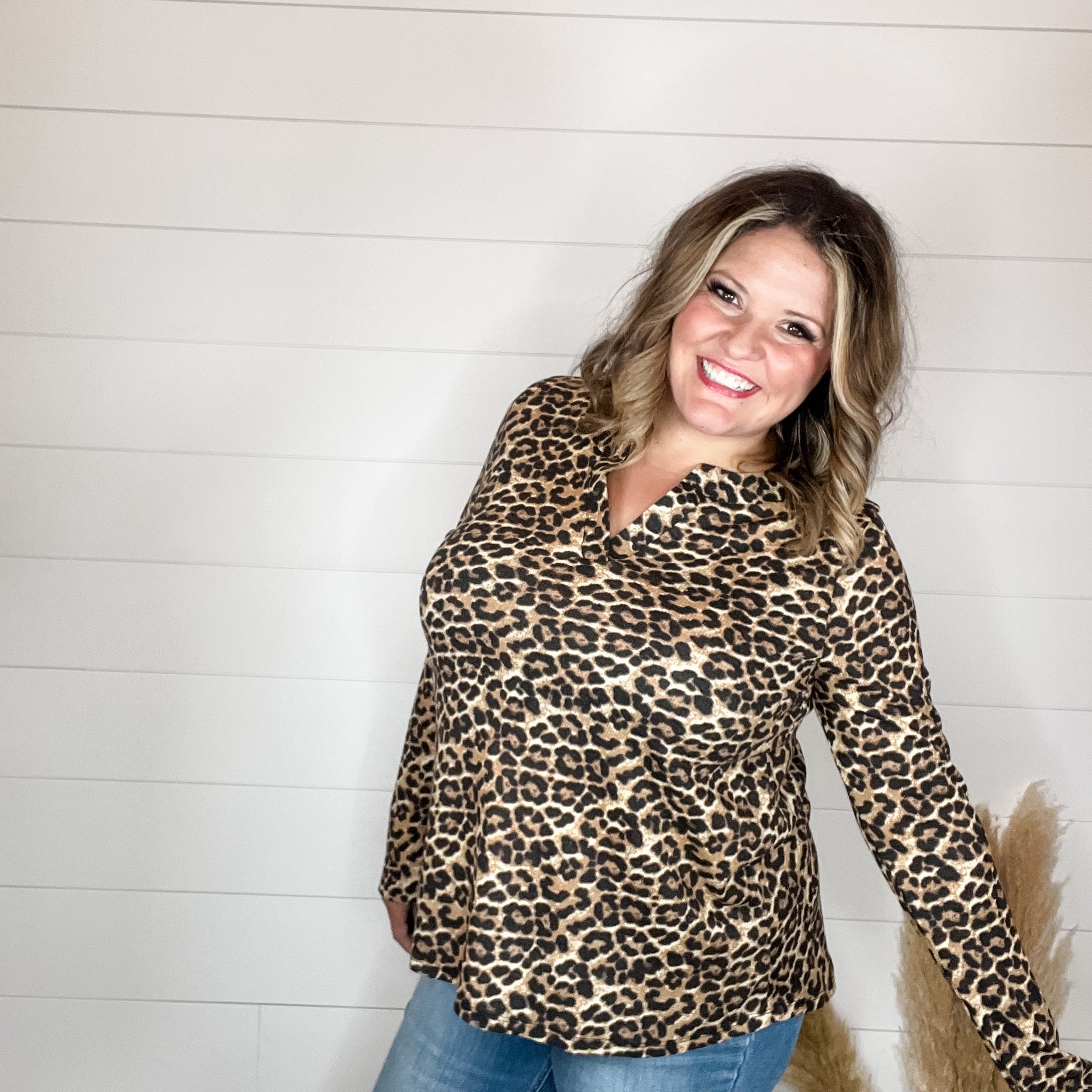 "Maxey" Animal Print Long Sleeve Split Neck-Lola Monroe Boutique